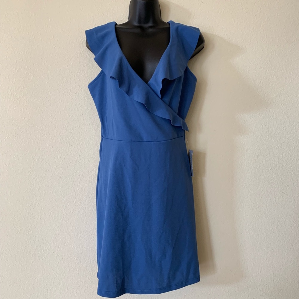 The Vanity Room Blue Draped Ruffle V Neck Wrap Dress - Picture 3 of 7
